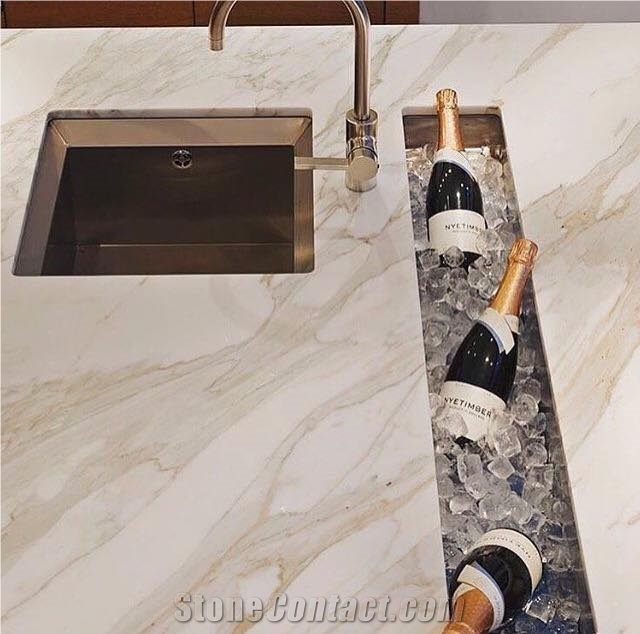 Neolith Calacatta Gold Kitchen Island with Unique Ice Box