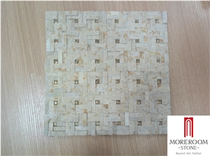 Beige Marble Honed Basketweave Mosaic Pattern Tile with Golden Dots
