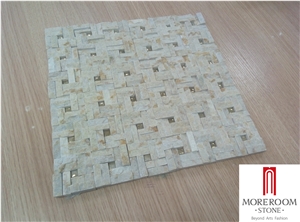 Beige Marble Honed Basketweave Mosaic Pattern Tile with Golden Dots