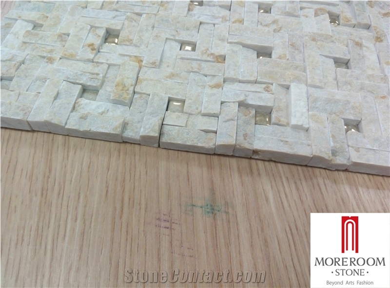 Beige Marble Honed Basketweave Mosaic Pattern Tile with Golden Dots