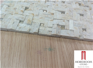 Beige Marble Honed Basketweave Mosaic Pattern Tile with Golden Dots
