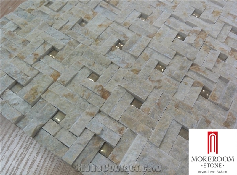 Beige Marble Honed Basketweave Mosaic Pattern Tile with Golden Dots