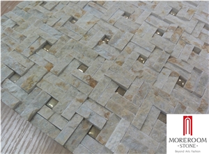 Beige Marble Honed Basketweave Mosaic Pattern Tile with Golden Dots