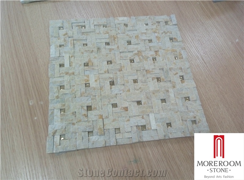 Beige Marble Honed Basketweave Mosaic Pattern Tile with Golden Dots