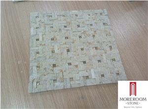 Beige Marble Honed Basketweave Mosaic Pattern Tile with Golden Dots