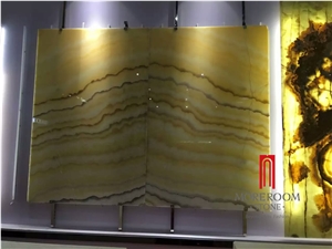 Bookmatch Design Led Light Translucent Yellow Onyx Slabs & Tiles