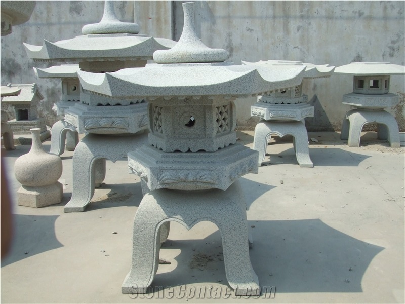 Rokkaku Yukimi Lantern,Fine Temple Grey Granite,Japanese Lanterns, Garden Lanterns