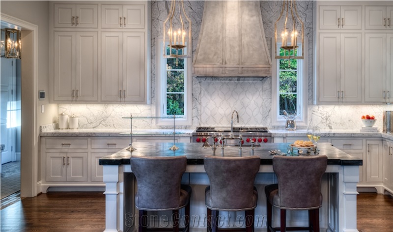 Statuiretto Marble Perimeter Counter and Full Height Backsplash Enhanced Soapstone Island Top