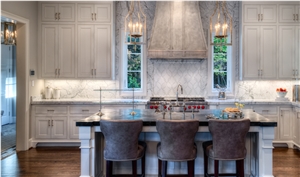Statuiretto Marble Perimeter Counter and Full Height Backsplash Enhanced Soapstone Island Top Statuiretto Marble Perimeter Counter and Full Height Backsplash Enhanced Soapstone Island Top