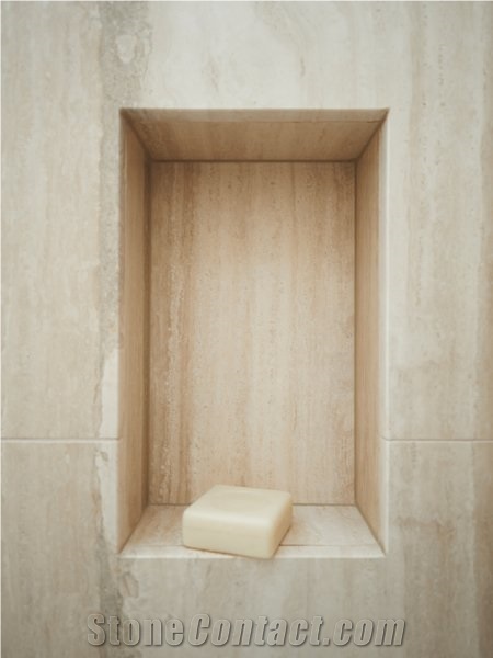 Travertino Platino Bathroom Niche, Bathroom Design, Floor and Wall Application