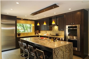Rain Forest Brown Marble Kitchen Island Top Mitred Edges