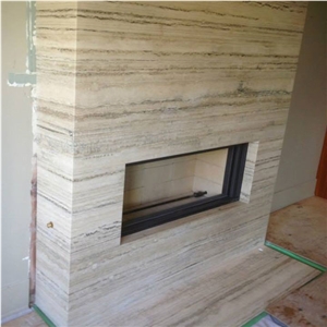 Ocean Blue Vein Cut Travertine Slab Fireplace - Book Matched