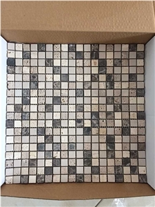 Light Turkey Beige Travertine Tumble 15*15mm Marble Mix Noce Travertine Dark Emperador Marble Mosaic for Hotel,Restaurant,Bathroom,Interior Decoration