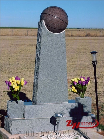 Footballl on Column Design Grey Granite Tombstone