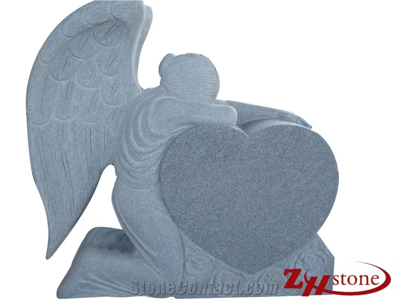 Good Quality Heart Shaped with Angel and Rose Carving Sesame White/ G603 Granite Angel Monuments/ Upright Monuments/ Headstones/ Gravestone/ Custom Monuments