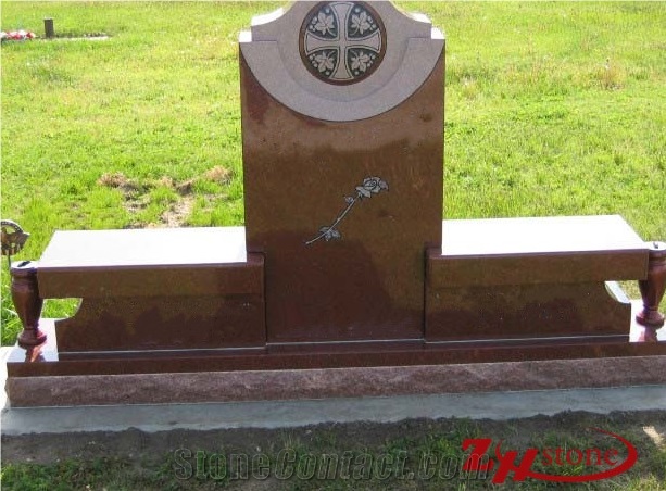 Good Quality Serp Top with Cross Engraving and Side Benches Indian Red/ Imperial Red Granite Cross Tombstones/ Single Monuments/ Upright Monuments/ Western Style Monuments/ Custom Monuments