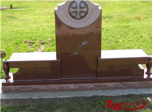 Good Quality Serp Top with Cross Engraving and Side Benches Indian Red/ Imperial Red Granite Cross Tombstones/ Single Monuments/ Upright Monuments/ Western Style Monuments/ Custom Monuments