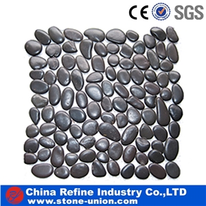 Black Polished Pebble Mosaic Stone Tile on Net