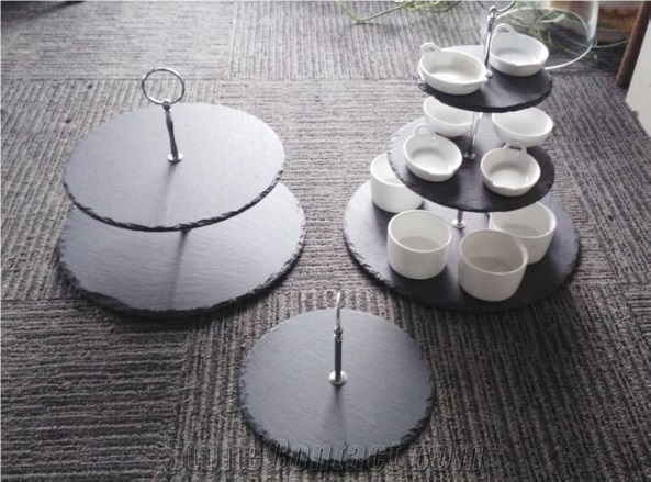 Natural Edge 1 Tier, 2 Tier, 3 Tier Round Black Slate Food