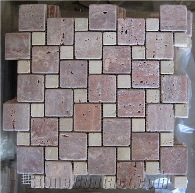 Red Travertine Honed Mosaic for Interior Decoration