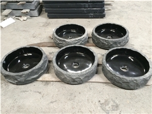 Shanxi Black Granite Stone Bathroom Sink with Natural Outside