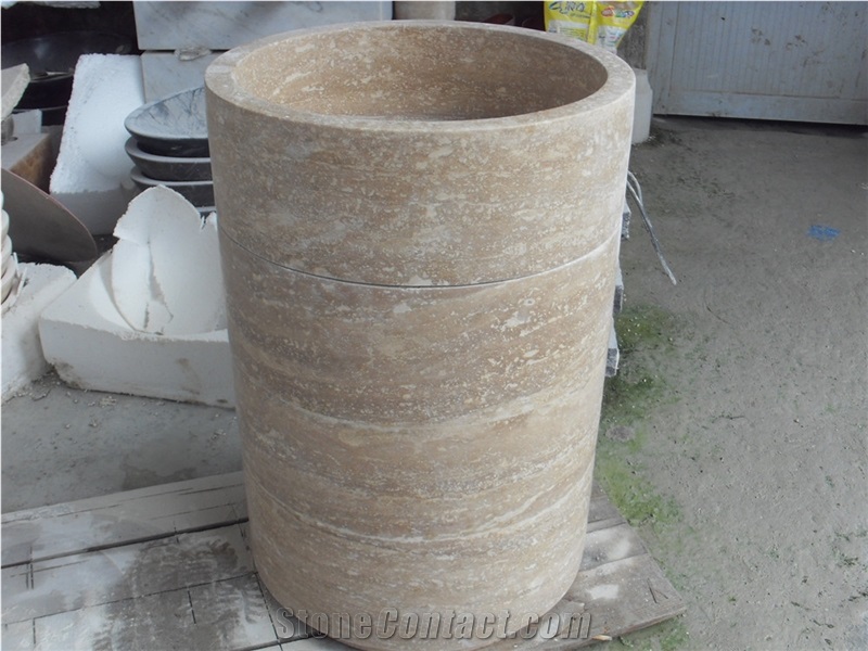Yellow Round Pedestal Sink, Beige Marble Sinks & Basins