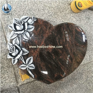 Aurora Granite Heart Shape Memorials with Antique Rose Carving