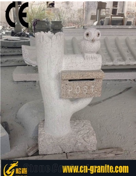 Yellow Granite G682 Stone Garden Mailbox,Postbox with Owl Carving Stone,Exterior Lantern Letter Boxes