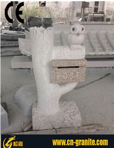 Yellow Granite G682 Stone Garden Mailbox,Postbox with Owl Carving Stone,Exterior Lantern Letter Boxes