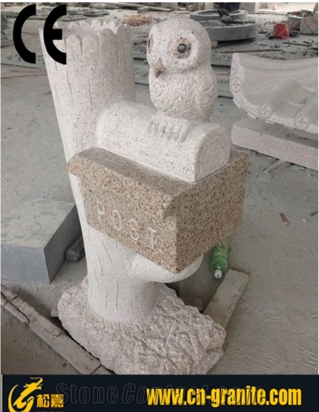 Yellow Granite G682 Stone Garden Mailbox,Postbox with Owl Carving Stone,Exterior Lantern Letter Boxes