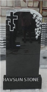 Absolute Black Granite Monument, with Cross,Leaves，Headstone-Am4