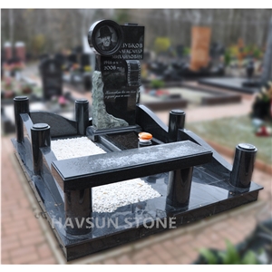 Black Granitemonument,Photo Etching/ Shadow Carving, with Tombstone Fence,Borders,Columns