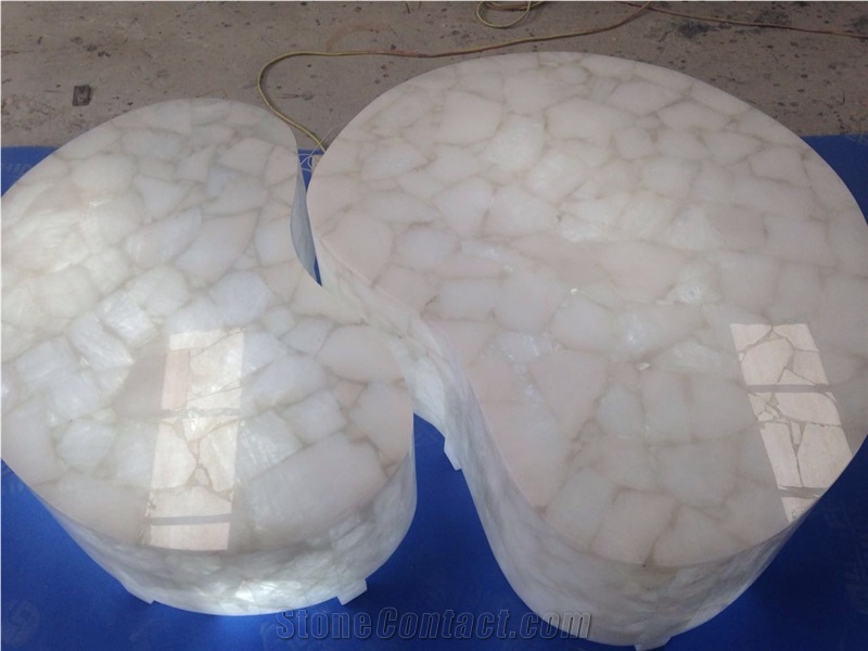 White Quartz Semiprecious Stone Coffee Tables Top