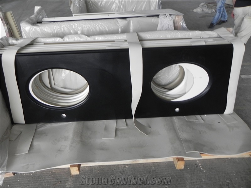 Quartz Stone Double Sink Bathroom Countertop Black Quartz Stone Vanity Top