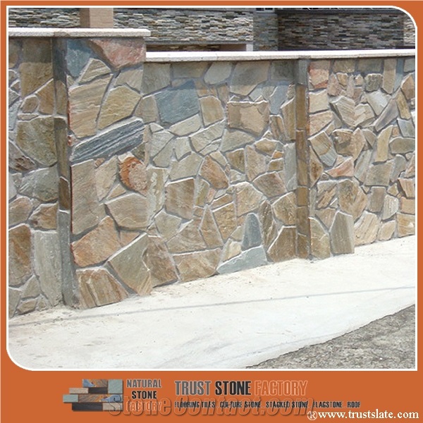 Slate Factory Supply 014 Golden Quartzite Random Flagstone Courtyard Wall, Irregular Flagstone Patio Pavers, Random Flagstone Wall Veneer, Flagstone Wall Cladding