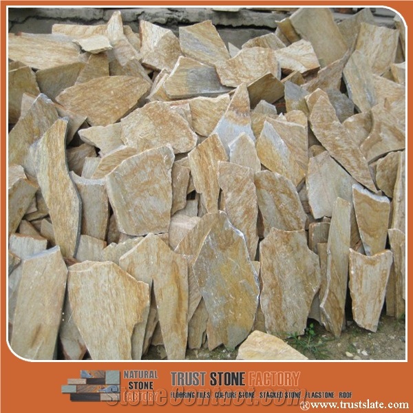 Slate Factory Supply 014 Golden Quartzite Random Flagstone Courtyard Wall, Irregular Flagstone Patio Pavers, Random Flagstone Wall Veneer, Flagstone Wall Cladding