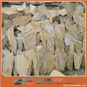 Slate Factory Supply 014 Golden Quartzite Random Flagstone Courtyard Wall, Irregular Flagstone Patio Pavers, Random Flagstone Wall Veneer, Flagstone Wall Cladding