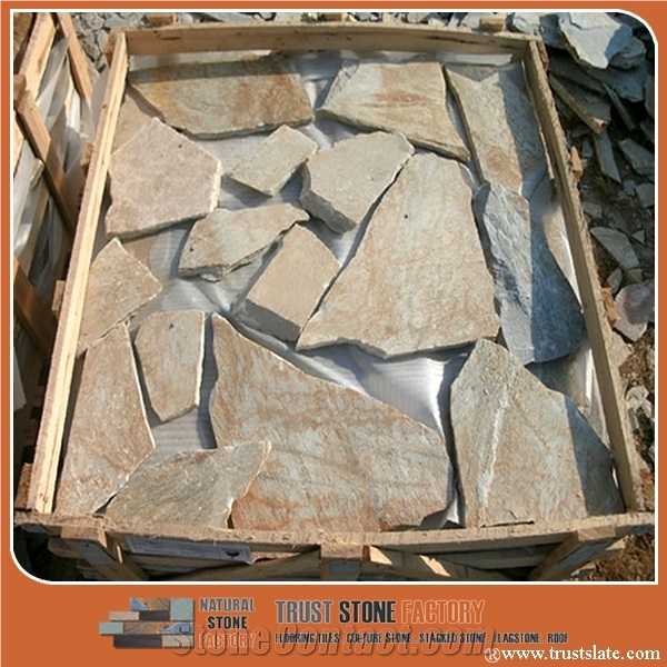 Slate Factory Supply 014 Golden Quartzite Random Flagstone Courtyard Wall, Irregular Flagstone Patio Pavers, Random Flagstone Wall Veneer, Flagstone Wall Cladding