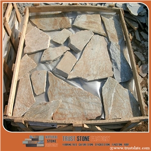 Slate Factory Supply 014 Golden Quartzite Random Flagstone Courtyard Wall, Irregular Flagstone Patio Pavers, Random Flagstone Wall Veneer, Flagstone Wall Cladding