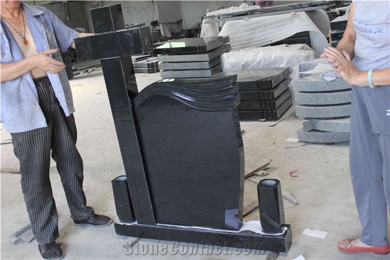 China Black Absolutely Black Granite Headstones Gravestones Cross Style