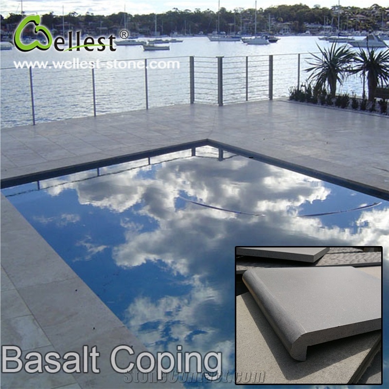 Good Price Natural Stone Bullnose Edge Grey Basalt Honed and Sawn Cut Finished Swimming Pool Coping and Step