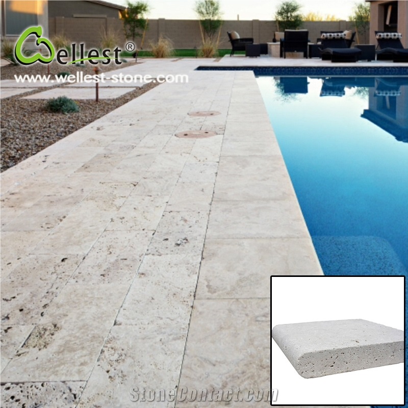 Honed Surface Bullnose Edge Beige Travertine Swimming Pool Coping Tile