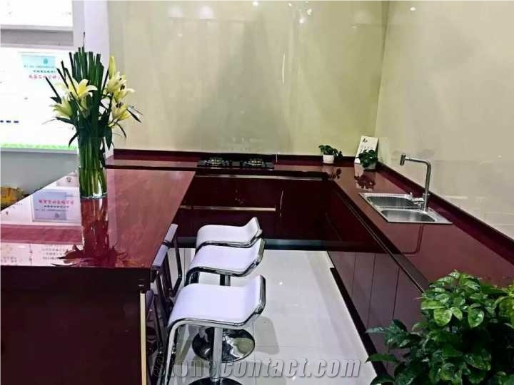 Nano Crystallized Glass Stone Red Slab for Countertop and Wall Cladding