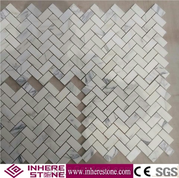 Calacatta White Marble Herringbone Mosaic Tile