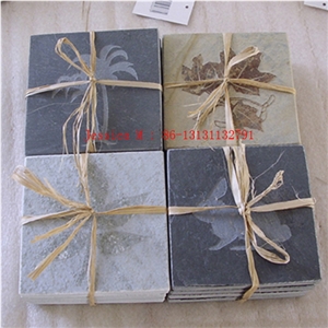 Carved Slate Coaster Set Of 4, White Slate Home Decor