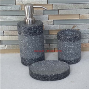 China Black Granite Bathroom Accessory Set Soap Dish Dispenser and Toothbrush Holders