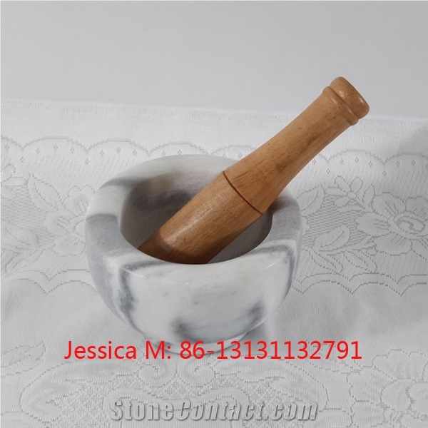 Grey Marble Mortar with Wooden Pestle