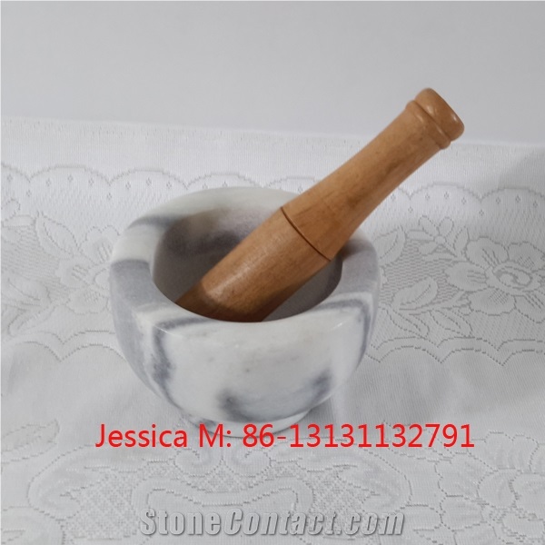 Grey Marble Mortar with Wooden Pestle