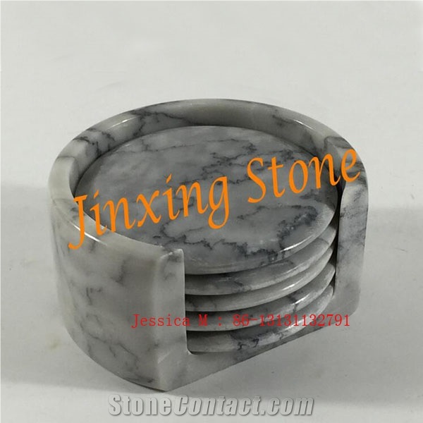 Round Grey Marble Bar Drink Coaster Set with Holder Set Of 6