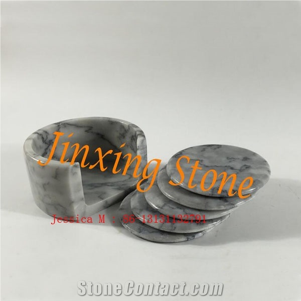 Round Grey Marble Bar Drink Coaster Set with Holder Set Of 6